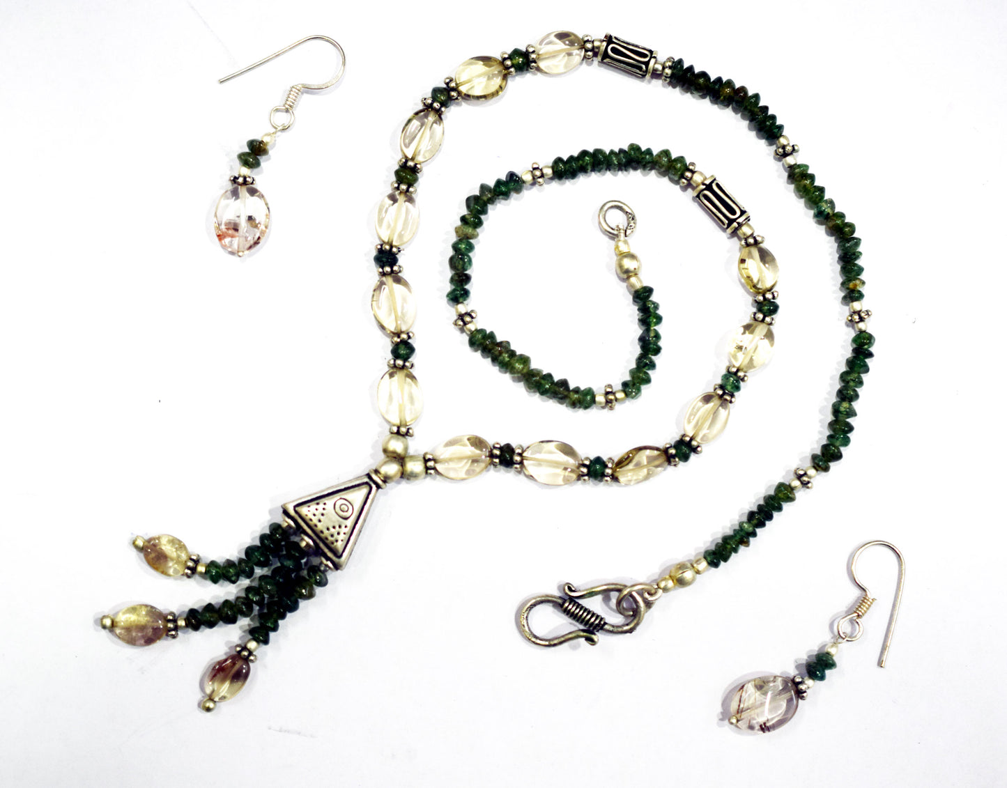 Natural Green Tourmaline Rutilated Quartz Necklace Set, Handmade Beaded Tassel Statement Jewelry, Boho Triangle Pendant Earring Set Gift For Her, BL-4602
