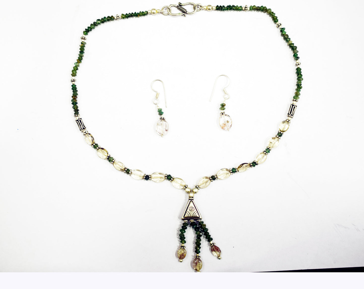 Natural Green Tourmaline Rutilated Quartz Necklace Set, Handmade Beaded Tassel Statement Jewelry, Boho Triangle Pendant Earring Set Gift For Her, BL-4602