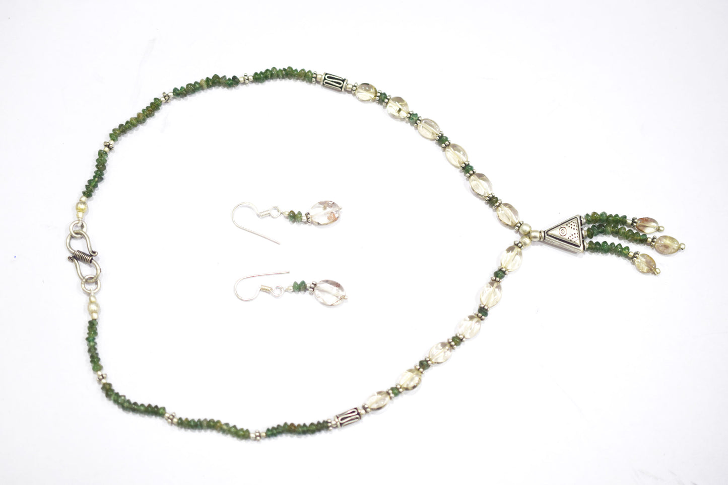Natural Green Tourmaline Rutilated Quartz Necklace Set, Handmade Beaded Tassel Statement Jewelry, Boho Triangle Pendant Earring Set Gift For Her, BL-4602