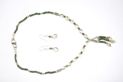 Natural Green Tourmaline Rutilated Quartz Necklace Set, Handmade Beaded Tassel Statement Jewelry, Boho Triangle Pendant Earring Set Gift For Her, BL-4602