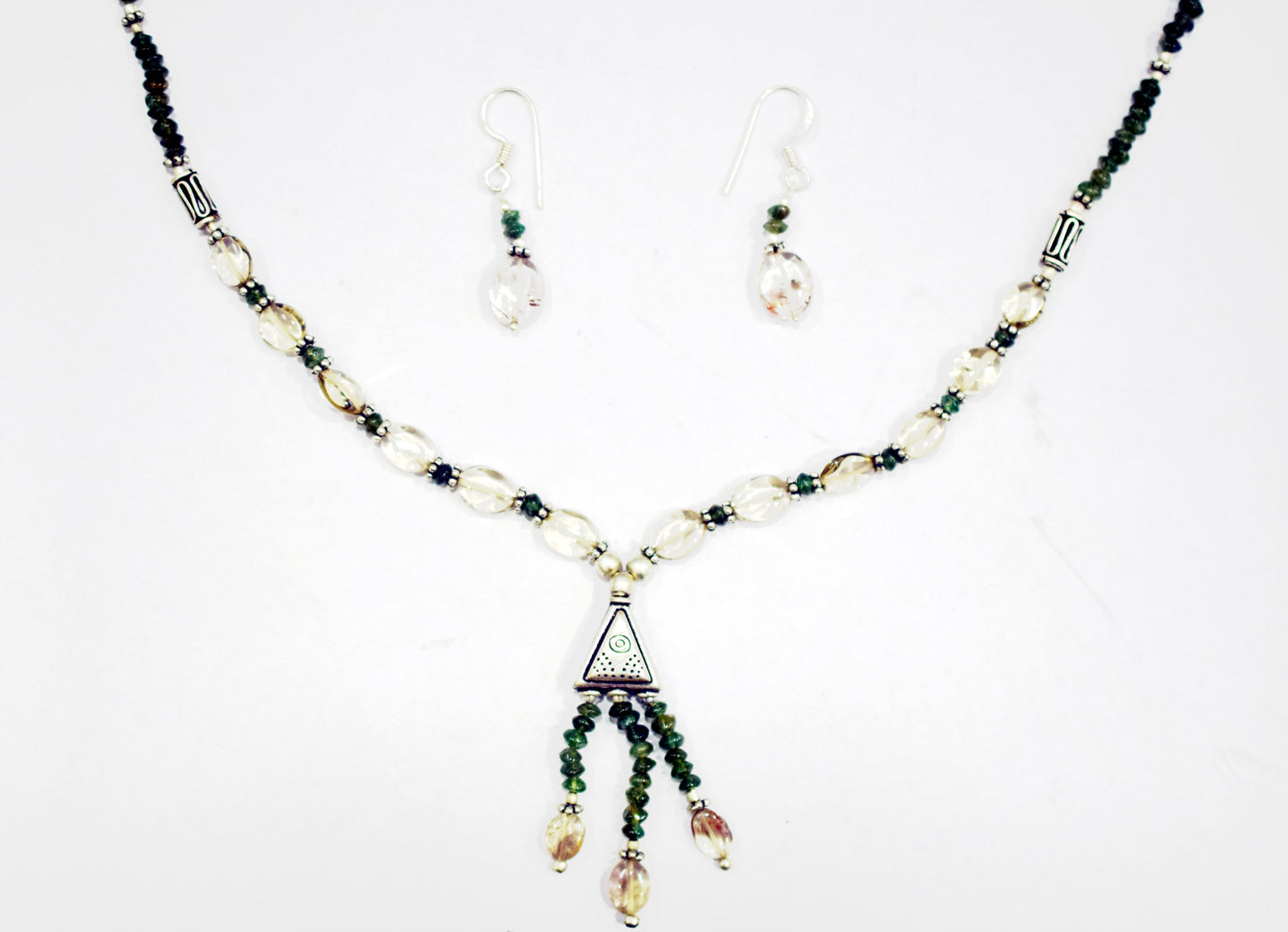 Natural Green Tourmaline Rutilated Quartz Necklace Set, Handmade Beaded Tassel Statement Jewelry, Boho Triangle Pendant Earring Set Gift For Her, BL-4602