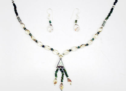 Natural Green Tourmaline Rutilated Quartz Necklace Set, Handmade Beaded Tassel Statement Jewelry, Boho Triangle Pendant Earring Set Gift For Her, BL-4602