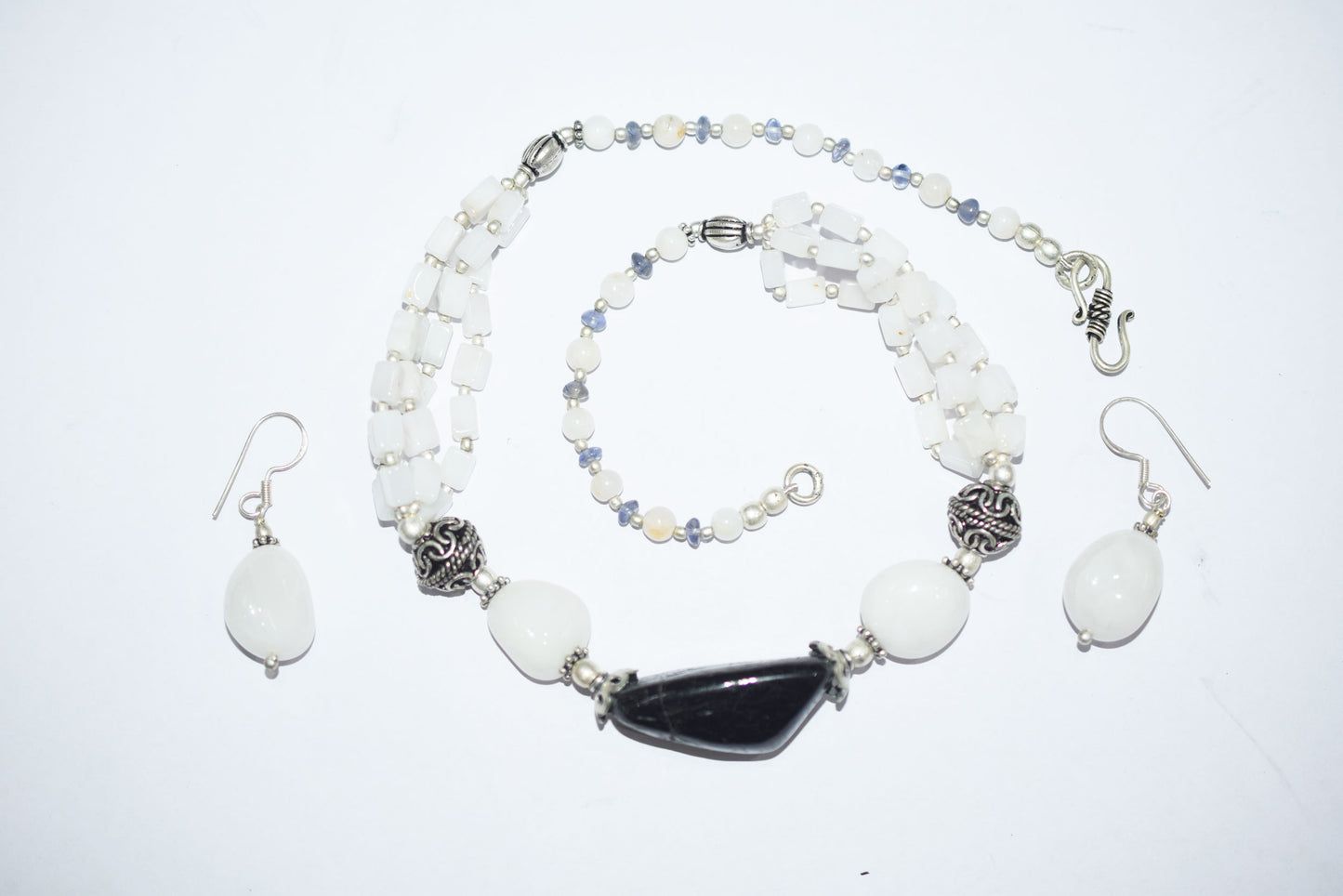 Natural Black Onyx White Agate Necklace Set, Handmade Multi Strand Beaded Statement Jewelry, Boho White Quartz Dangle Earring Set Gift For Her, BL-4603
