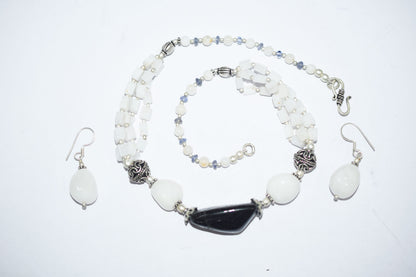 Natural Black Onyx White Agate Necklace Set, Handmade Multi Strand Beaded Statement Jewelry, Boho White Quartz Dangle Earring Set Gift For Her, BL-4603