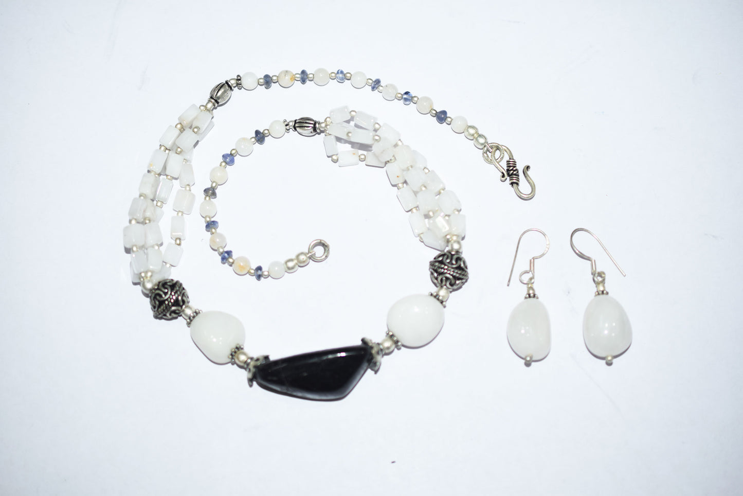 Natural Black Onyx White Agate Necklace Set, Handmade Multi Strand Beaded Statement Jewelry, Boho White Quartz Dangle Earring Set Gift For Her, BL-4603