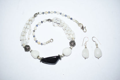 Natural Black Onyx White Agate Necklace Set, Handmade Multi Strand Beaded Statement Jewelry, Boho White Quartz Dangle Earring Set Gift For Her, BL-4603