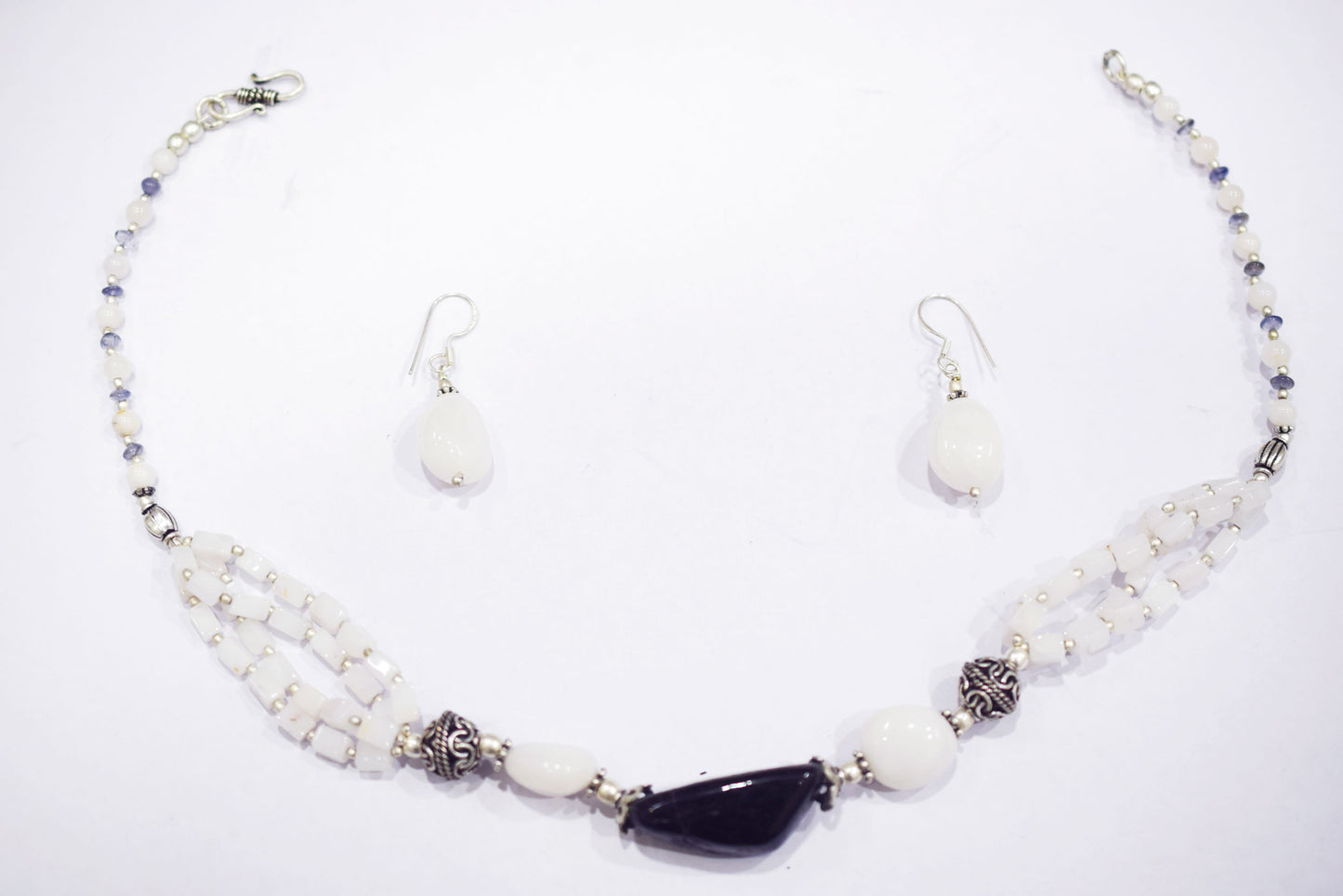 Natural Black Onyx White Agate Necklace Set, Handmade Multi Strand Beaded Statement Jewelry, Boho White Quartz Dangle Earring Set Gift For Her, BL-4603