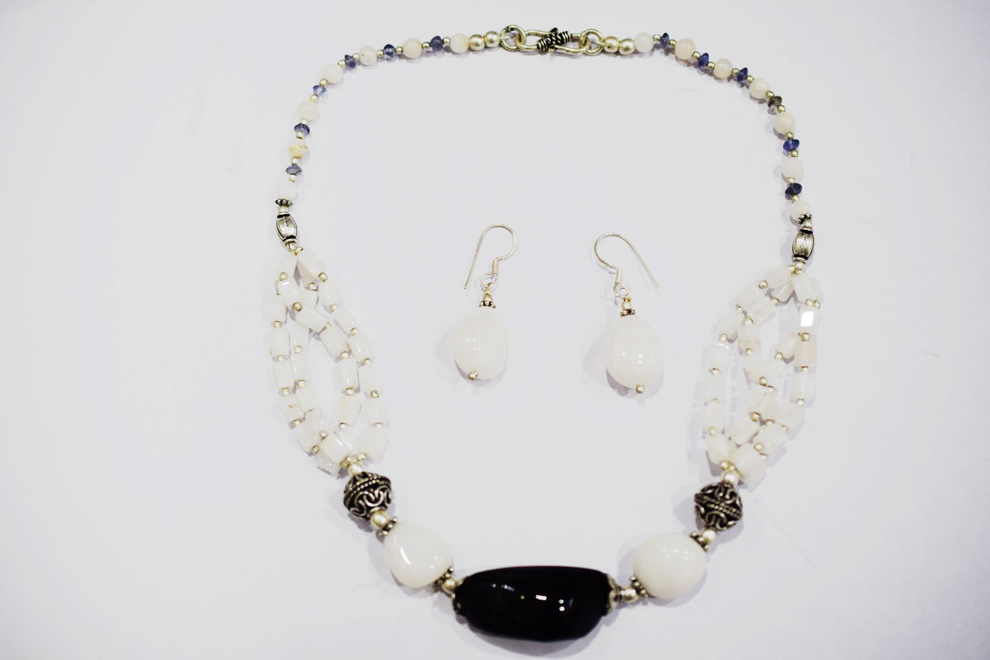 Natural Black Onyx White Agate Necklace Set, Handmade Multi Strand Beaded Statement Jewelry, Boho White Quartz Dangle Earring Set Gift For Her, BL-4603