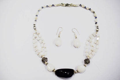 Natural Black Onyx White Agate Necklace Set, Handmade Multi Strand Beaded Statement Jewelry, Boho White Quartz Dangle Earring Set Gift For Her, BL-4603