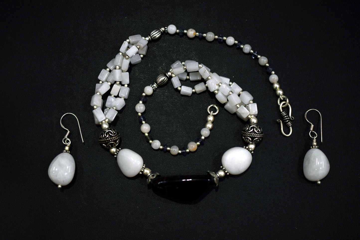 Natural Black Onyx White Agate Necklace Set, Handmade Multi Strand Beaded Statement Jewelry, Boho White Quartz Dangle Earring Set Gift For Her, BL-4603