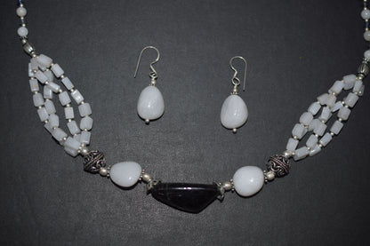 Natural Black Onyx White Agate Necklace Set, Handmade Multi Strand Beaded Statement Jewelry, Boho White Quartz Dangle Earring Set Gift For Her, BL-4603