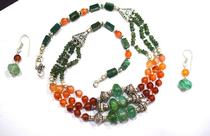 Natural Carnelian Green Aventurine Necklace Set, Handmade Three Strand Beaded Statement Jewelry, Boho Jade Accent Tassel Earring Set Gift For Her, BL-4604