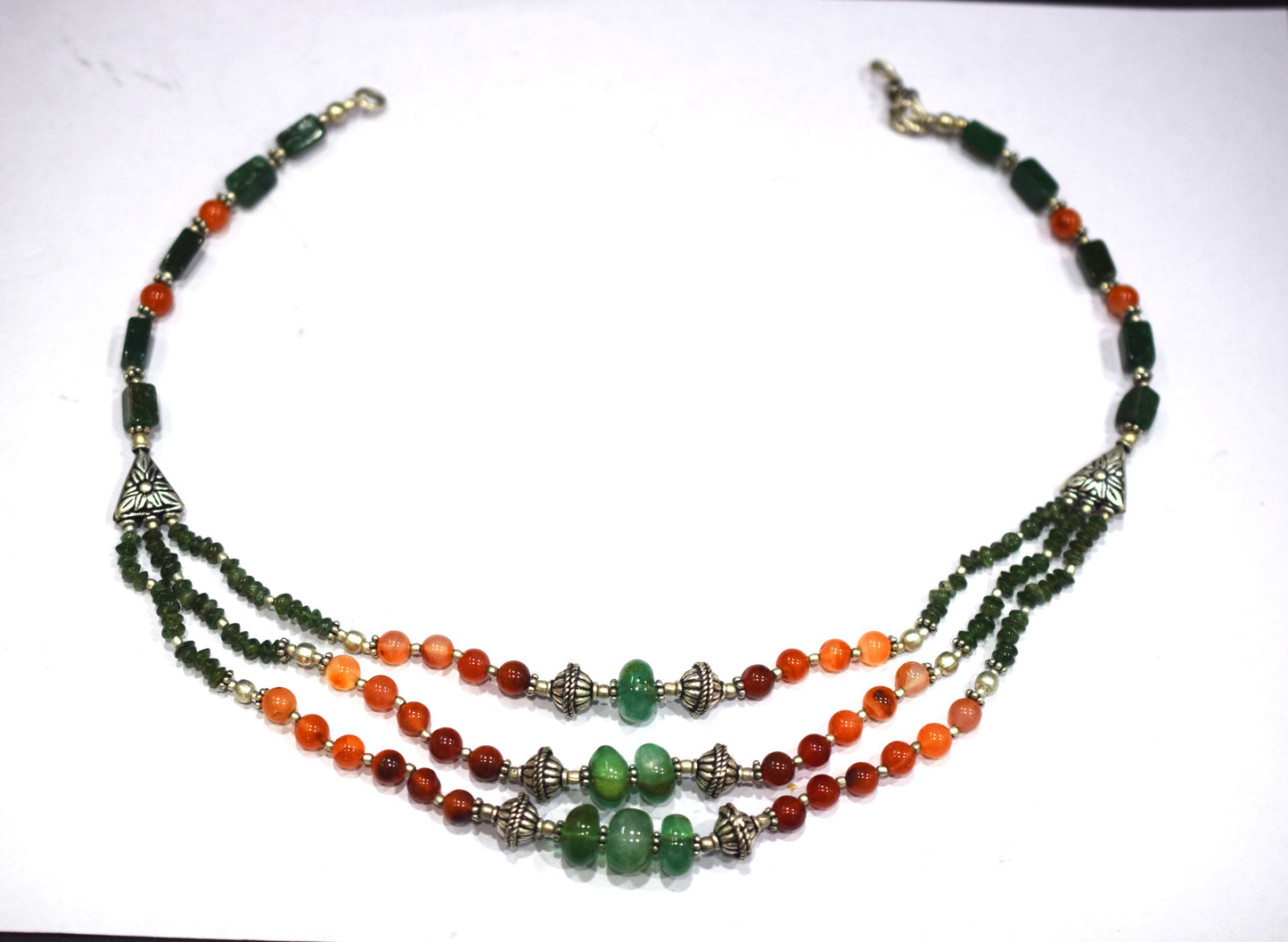 Natural Carnelian Green Aventurine Necklace Set, Handmade Three Strand Beaded Statement Jewelry, Boho Jade Accent Tassel Earring Set Gift For Her, BL-4604