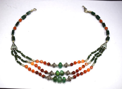 Natural Carnelian Green Aventurine Necklace Set, Handmade Three Strand Beaded Statement Jewelry, Boho Jade Accent Tassel Earring Set Gift For Her, BL-4604