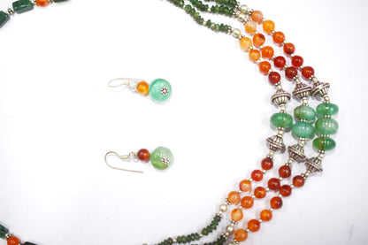 Natural Carnelian Green Aventurine Necklace Set, Handmade Three Strand Beaded Statement Jewelry, Boho Jade Accent Tassel Earring Set Gift For Her, BL-4604