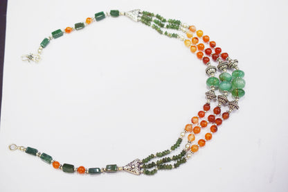 Natural Carnelian Green Aventurine Necklace Set, Handmade Three Strand Beaded Statement Jewelry, Boho Jade Accent Tassel Earring Set Gift For Her, BL-4604