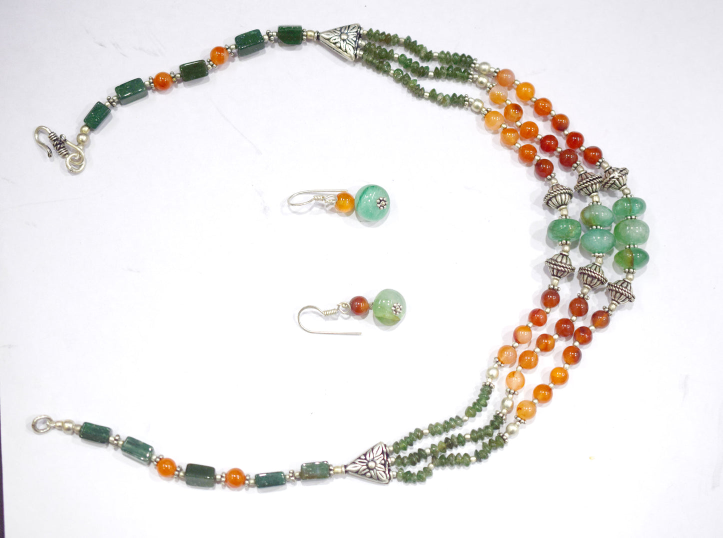 Natural Carnelian Green Aventurine Necklace Set, Handmade Three Strand Beaded Statement Jewelry, Boho Jade Accent Tassel Earring Set Gift For Her, BL-4604