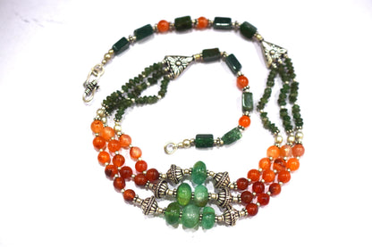 Natural Carnelian Green Aventurine Necklace Set, Handmade Three Strand Beaded Statement Jewelry, Boho Jade Accent Tassel Earring Set Gift For Her, BL-4604