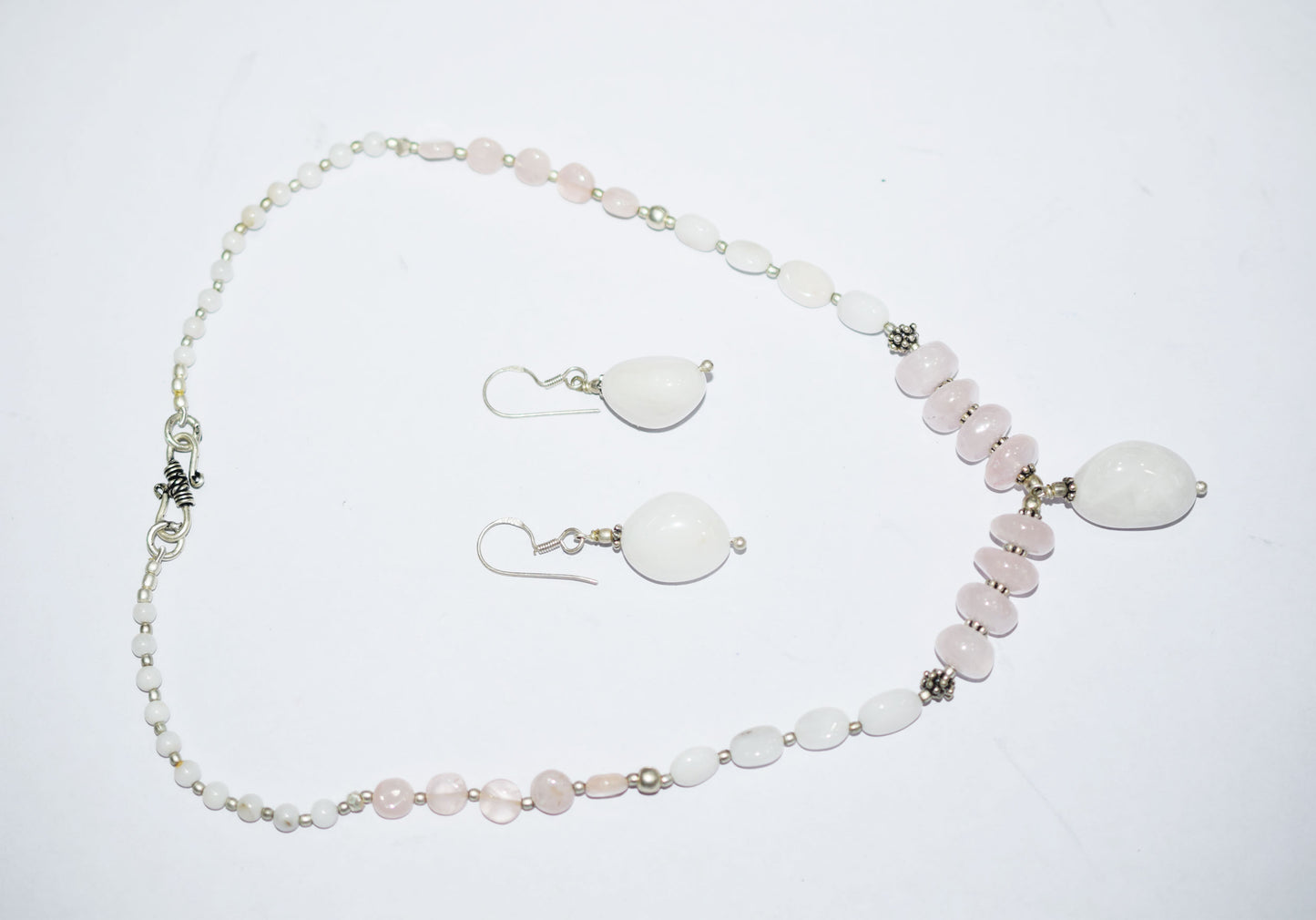 Natural Rose Quartz White Agate Necklace Set, Handmade Beaded Y Drop Statement Jewelry, Boho White Chalcedony Dangle Earring Set Gift For Her, BL-4605