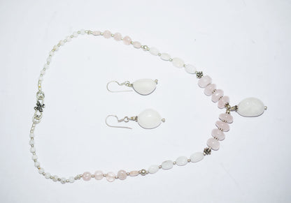 Natural Rose Quartz White Agate Necklace Set, Handmade Beaded Y Drop Statement Jewelry, Boho White Chalcedony Dangle Earring Set Gift For Her, BL-4605