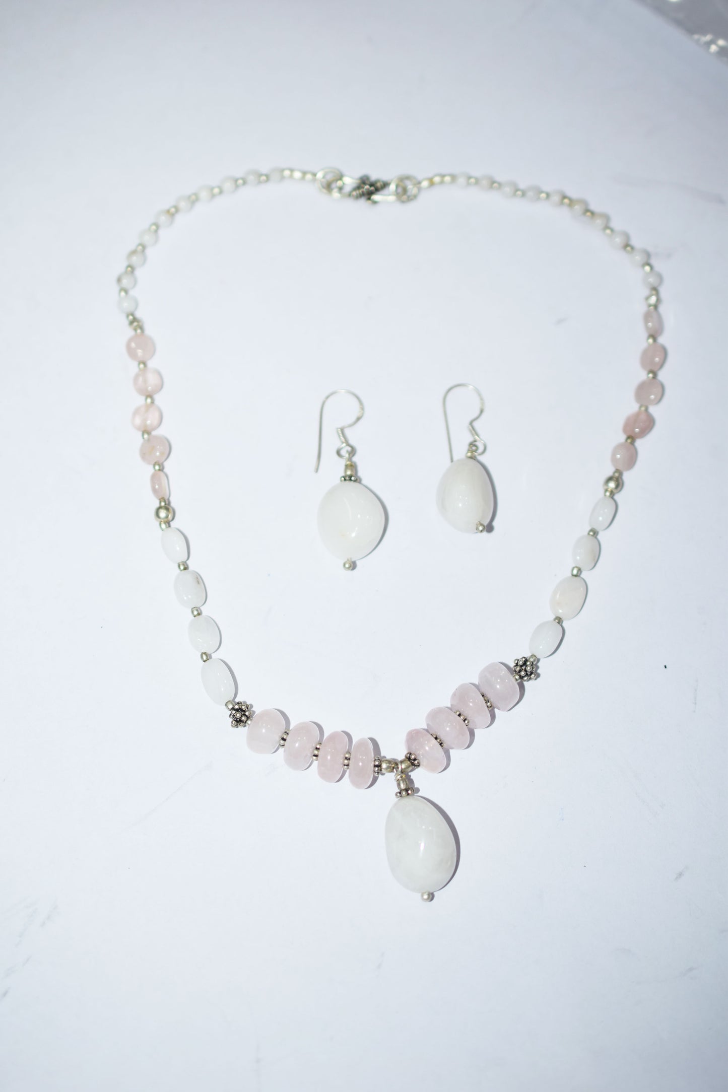 Natural Rose Quartz White Agate Necklace Set, Handmade Beaded Y Drop Statement Jewelry, Boho White Chalcedony Dangle Earring Set Gift For Her, BL-4605