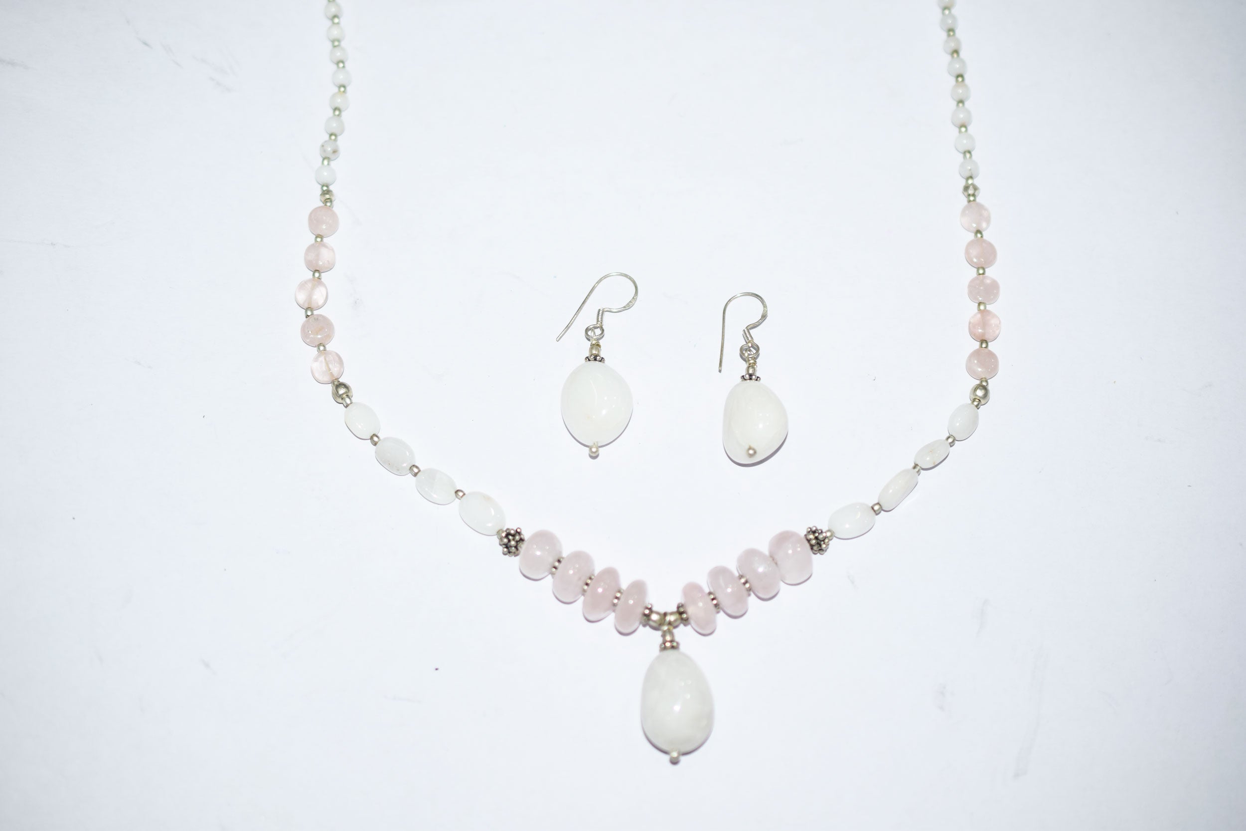 Natural Rose Quartz White Agate Necklace Set, Handmade Beaded Y Drop Statement Jewelry, Boho White Chalcedony Dangle Earring Set Gift For Her, BL-4605