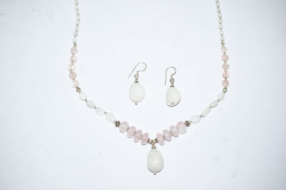 Natural Rose Quartz White Agate Necklace Set, Handmade Beaded Y Drop Statement Jewelry, Boho White Chalcedony Dangle Earring Set Gift For Her, BL-4605