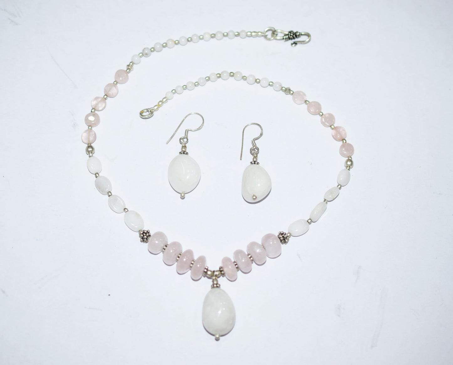 Natural Rose Quartz White Agate Necklace Set, Handmade Beaded Y Drop Statement Jewelry, Boho White Chalcedony Dangle Earring Set Gift For Her, BL-4605