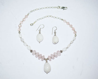 Natural Rose Quartz White Agate Necklace Set, Handmade Beaded Y Drop Statement Jewelry, Boho White Chalcedony Dangle Earring Set Gift For Her, BL-4605