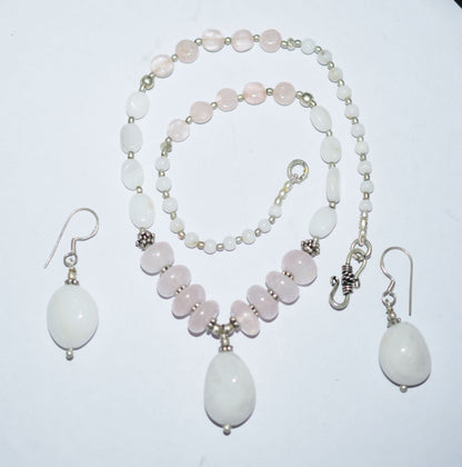 Natural Rose Quartz White Agate Necklace Set, Handmade Beaded Y Drop Statement Jewelry, Boho White Chalcedony Dangle Earring Set Gift For Her, BL-4605