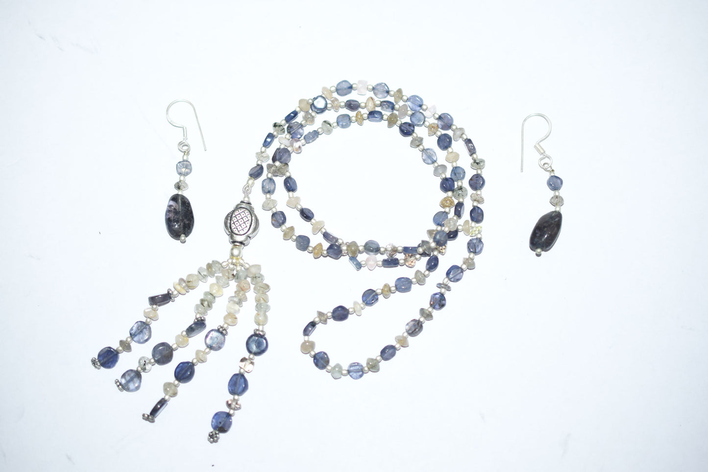 Natural Iolite Labradorite Necklace Set, Handmade Beaded Tassel Statement Jewelry, Boho Blue Grey Crystal Dangle Earring Set Gift For Her, BL-4596