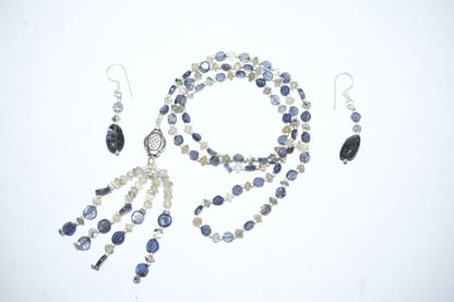 Natural Iolite Labradorite Necklace Set, Handmade Beaded Tassel Statement Jewelry, Boho Blue Grey Crystal Dangle Earring Set Gift For Her, BL-4596