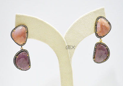 92.5 Sterling Silver Pink And Purple Sapphire Faceted Fancy Shape Earring , Pink And Purple Sapphire With Pave Cubic Zirconia Earring , 58 mm , E-022