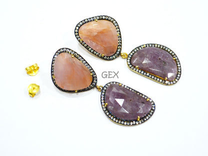 92.5 Sterling Silver Pink And Purple Sapphire Faceted Fancy Shape Earring , Pink And Purple Sapphire With Pave Cubic Zirconia Earring , 58 mm , E-022