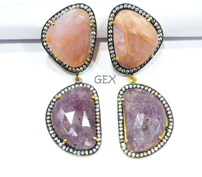 92.5 Sterling Silver Pink And Purple Sapphire Faceted Fancy Shape Earring , Pink And Purple Sapphire With Pave Cubic Zirconia Earring , 58 mm , E-022