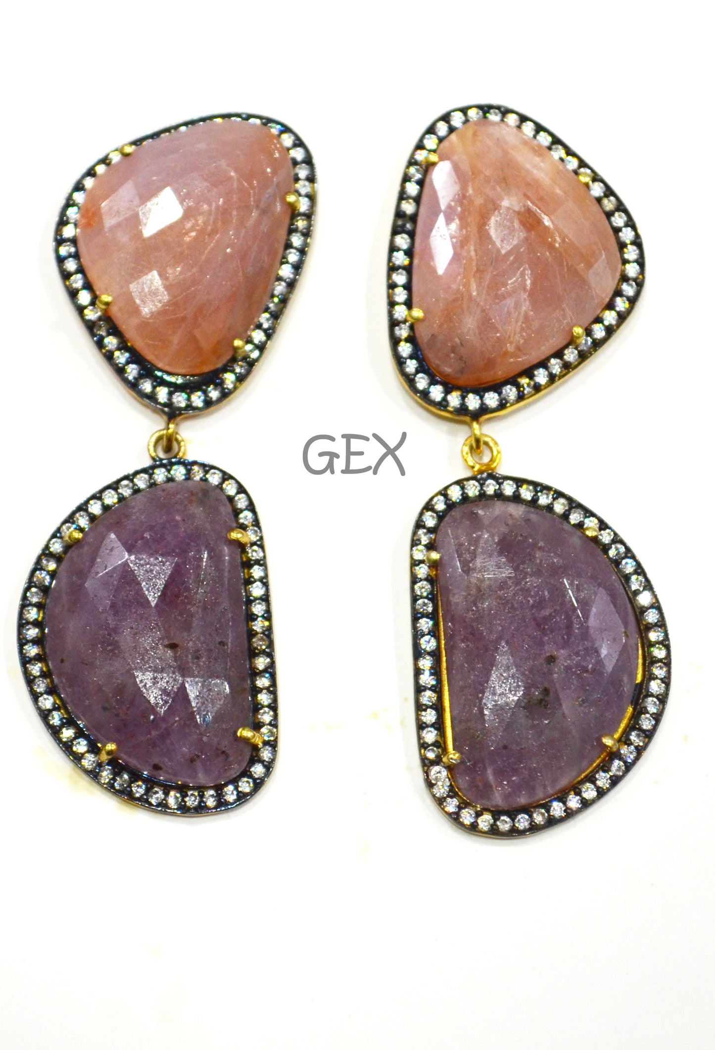 92.5 Sterling Silver Pink And Purple Sapphire Faceted Fancy Shape Earring , Pink And Purple Sapphire With Pave Cubic Zirconia Earring , 58 mm , E-022