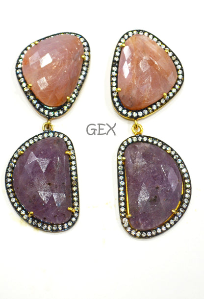92.5 Sterling Silver Pink And Purple Sapphire Faceted Fancy Shape Earring , Pink And Purple Sapphire With Pave Cubic Zirconia Earring , 58 mm , E-022