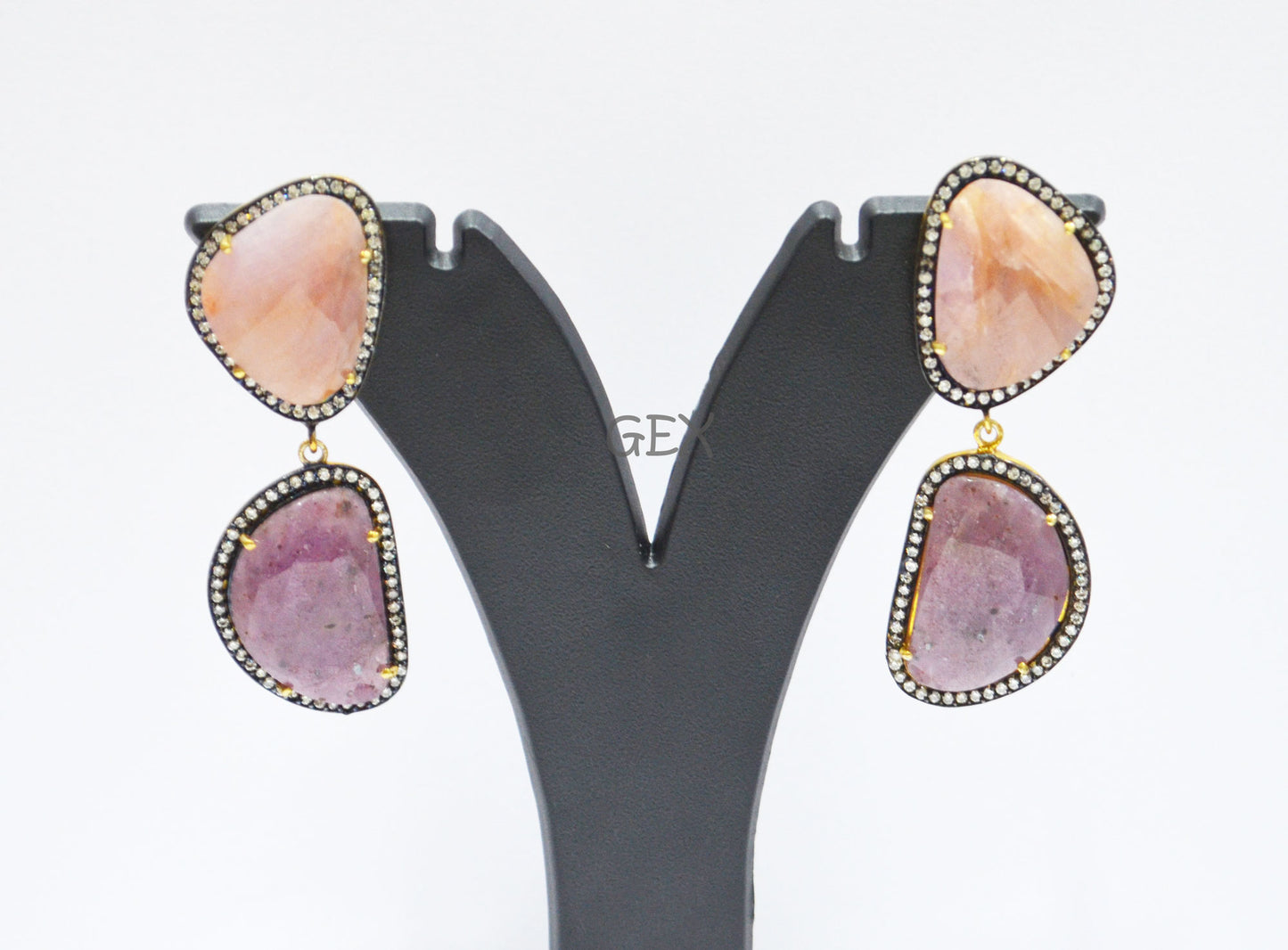 92.5 Sterling Silver Pink And Purple Sapphire Faceted Fancy Shape Earring , Pink And Purple Sapphire With Pave Cubic Zirconia Earring , 58 mm , E-022