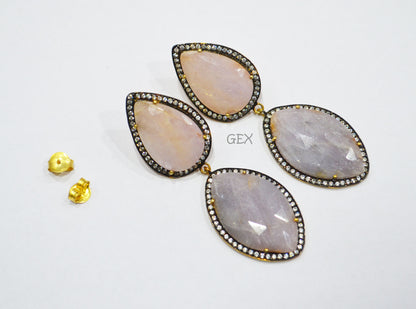 92.5 Sterling Silver Lavender And Baby Pink Sapphire Faceted Fancy Shape Earring , Lavender And Baby Pink Sapphire With Pave Cubic Zirconia Earring , 62 mm , E-066