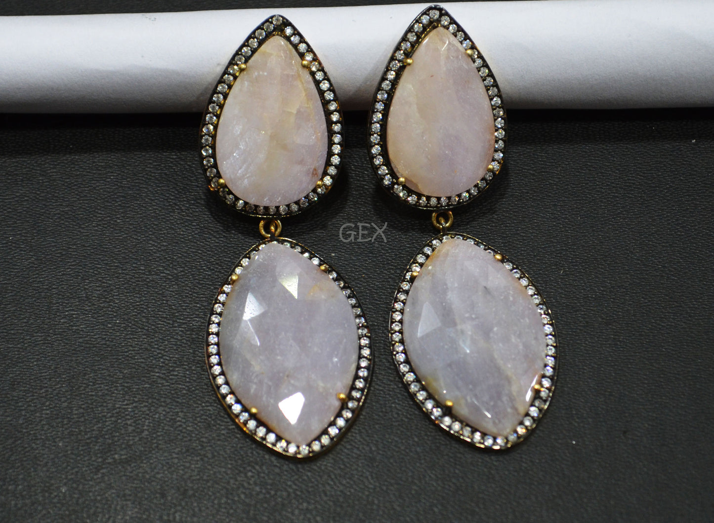 92.5 Sterling Silver Lavender And Baby Pink Sapphire Faceted Fancy Shape Earring , Lavender And Baby Pink Sapphire With Pave Cubic Zirconia Earring , 62 mm , E-066