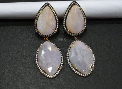 92.5 Sterling Silver Lavender And Baby Pink Sapphire Faceted Fancy Shape Earring , Lavender And Baby Pink Sapphire With Pave Cubic Zirconia Earring , 62 mm , E-066