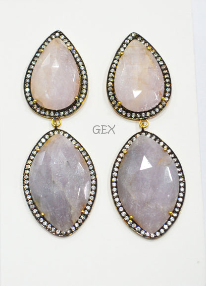 92.5 Sterling Silver Lavender And Baby Pink Sapphire Faceted Fancy Shape Earring , Lavender And Baby Pink Sapphire With Pave Cubic Zirconia Earring , 62 mm , E-066