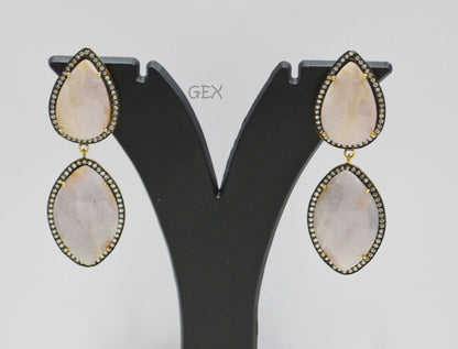 92.5 Sterling Silver Lavender And Baby Pink Sapphire Faceted Fancy Shape Earring , Lavender And Baby Pink Sapphire With Pave Cubic Zirconia Earring , 62 mm , E-066