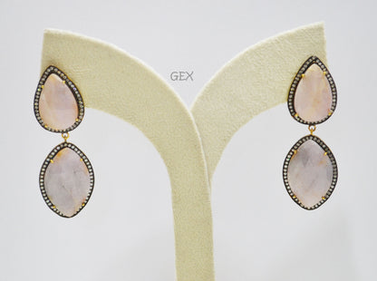 92.5 Sterling Silver Lavender And Baby Pink Sapphire Faceted Fancy Shape Earring , Lavender And Baby Pink Sapphire With Pave Cubic Zirconia Earring , 62 mm , E-066