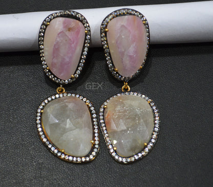 92.5 Sterling Silver Gray And Baby Pink Sapphire Faceted Fancy Shape Earring , Gray And Baby Pink Sapphire With Pave Cubic Zirconia Earring , 58 mm , E-067