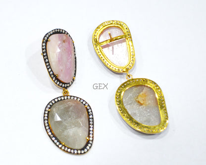 92.5 Sterling Silver Gray And Baby Pink Sapphire Faceted Fancy Shape Earring , Gray And Baby Pink Sapphire With Pave Cubic Zirconia Earring , 58 mm , E-067