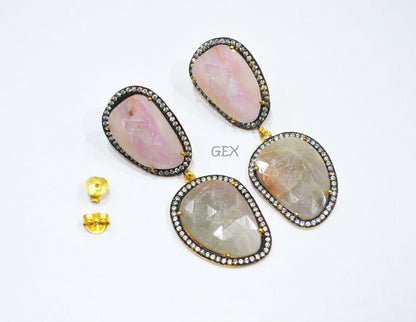 92.5 Sterling Silver Gray And Baby Pink Sapphire Faceted Fancy Shape Earring , Gray And Baby Pink Sapphire With Pave Cubic Zirconia Earring , 58 mm , E-067
