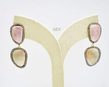 92.5 Sterling Silver Gray And Baby Pink Sapphire Faceted Fancy Shape Earring , Gray And Baby Pink Sapphire With Pave Cubic Zirconia Earring , 58 mm , E-067