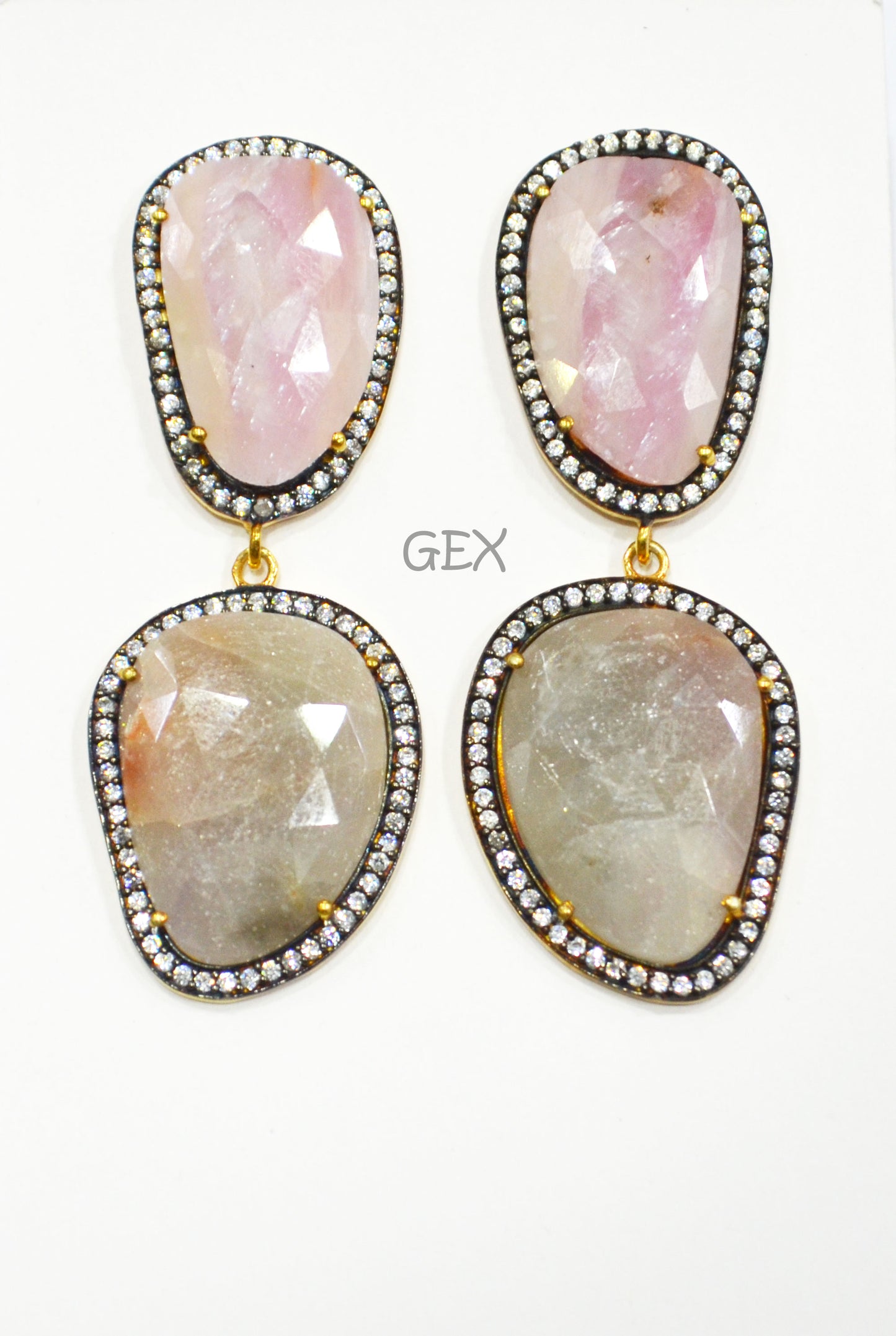 92.5 Sterling Silver Gray And Baby Pink Sapphire Faceted Fancy Shape Earring , Gray And Baby Pink Sapphire With Pave Cubic Zirconia Earring , 58 mm , E-067