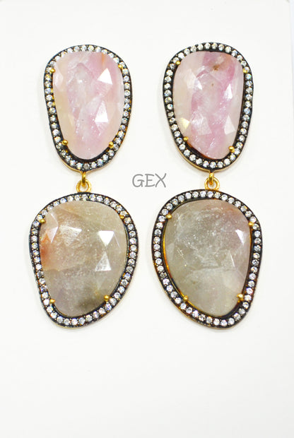 92.5 Sterling Silver Gray And Baby Pink Sapphire Faceted Fancy Shape Earring , Gray And Baby Pink Sapphire With Pave Cubic Zirconia Earring , 58 mm , E-067